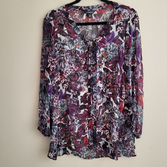 Lucky Brand Womens Sheer Blouse Plus Size 1x Dark Floral Print Lace Up Neckline - Picture 1 of 10